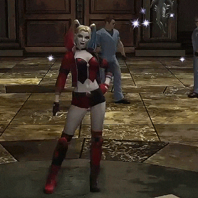 a woman in a harley quinn costume stands on a tiled floor