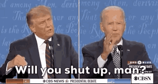 two men are standing next to each other and one of them is asking the other to shut up