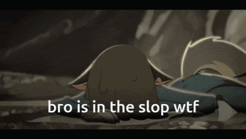 a cartoon character laying on the ground with the words bro is in the slop wtf