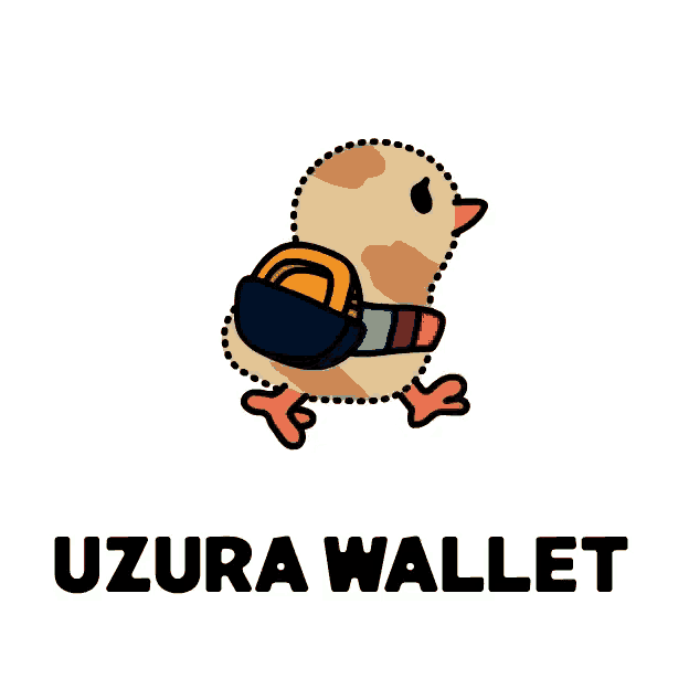 a logo for uzura wallet shows a chick carrying a purse on its back