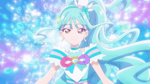 a girl with blue hair is wearing a blue and white outfit with a heart on it