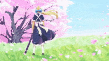 a girl in a maid dress holds a sword in front of a blue sky