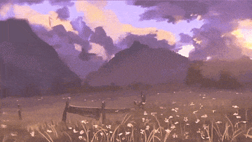 a painting of a fence in a field with mountains in the background