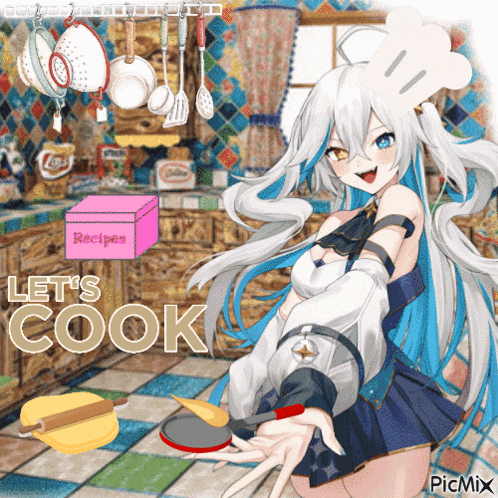 a cartoon of a girl in a kitchen with the words let 's cook