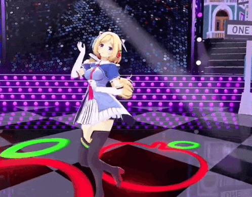 a girl in a blue dress is dancing on a stage in front of a sign that says one