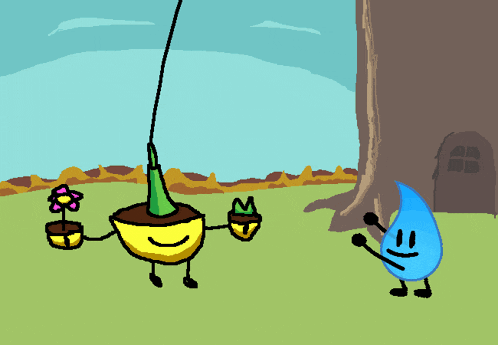 a cartoon drawing of a flower and a drop