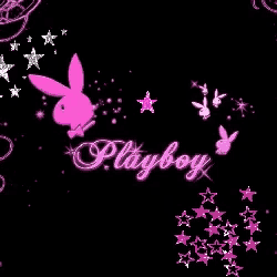 a pink playboy bunny surrounded by stars on a black background