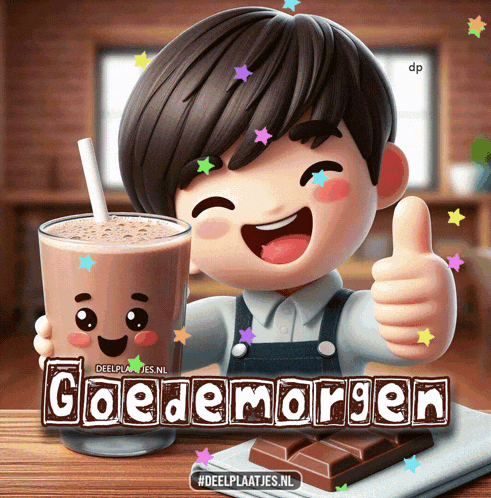 a cartoon boy is giving a thumbs up next to a chocolate milkshake