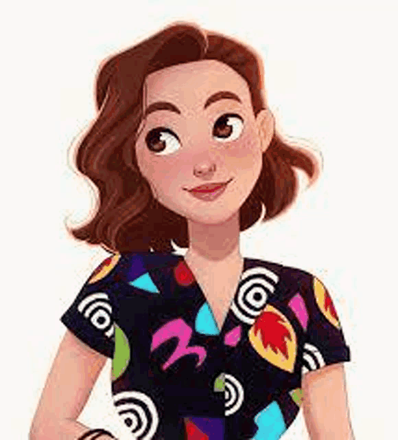 a cartoon illustration of a woman wearing a colorful shirt and smiling .