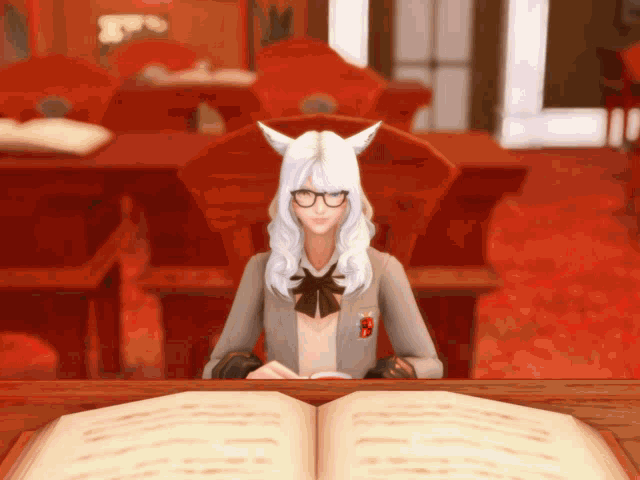 a girl with white hair and glasses sits at a desk with an open book