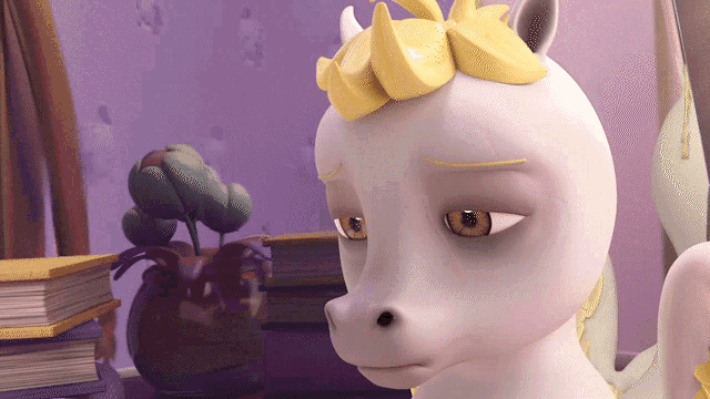 a cartoon unicorn has a yellow flower on its head