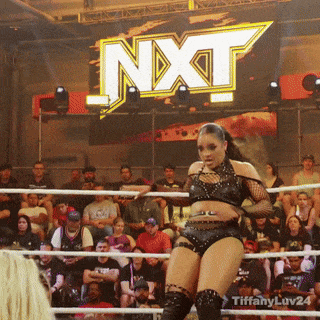 a woman in a wrestling ring in front of a nxt sign