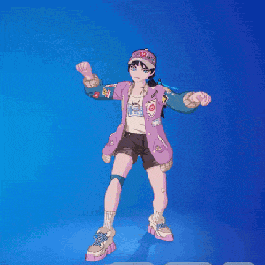 a girl in a purple jacket and shorts is pointing her finger