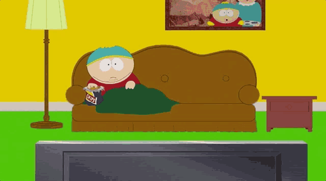 a cartoon character sitting on a couch eating lays chips