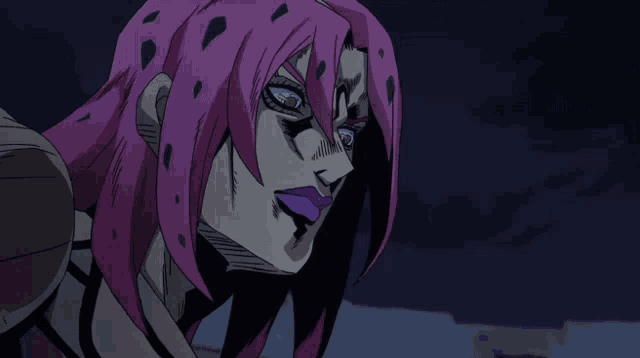 a close up of a cartoon character with pink hair