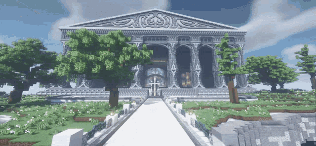 a minecraft screenshot of a large building with trees in front