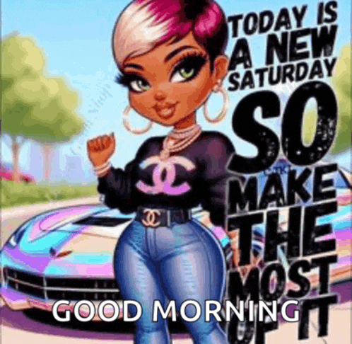 a cartoon girl is standing in front of a car and says `` today is a new saturday so make the most of it '' .