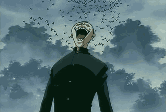 a man is screaming with a flock of birds flying around him