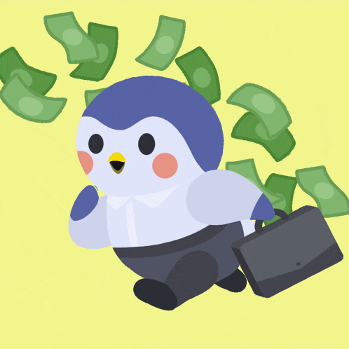 a penguin with a briefcase is surrounded by green money