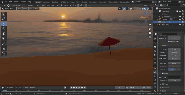 a computer screen showing a beach scene with an umbrella