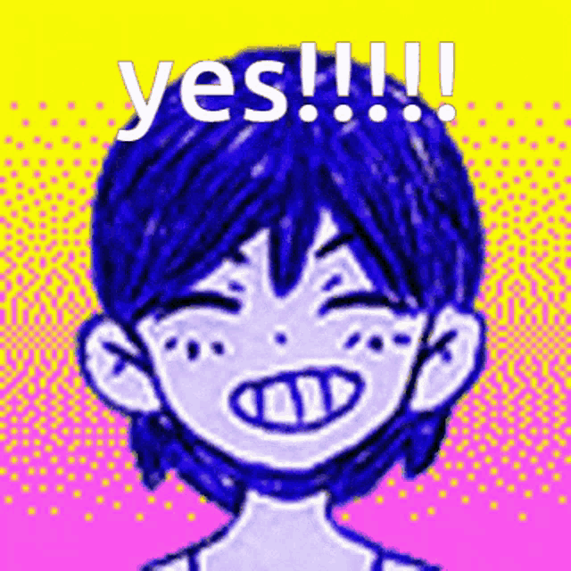 a cartoon character with blue hair is smiling and says yes !!! on a pink and yellow background .