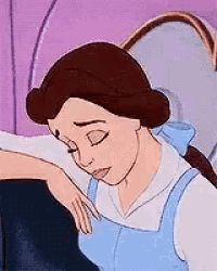 a cartoon of belle from beauty and the beast with her eyes closed and her hand on her shoulder .