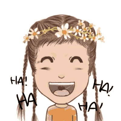 a cartoon girl wearing a flower crown is laughing .