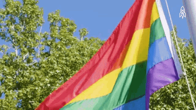 a rainbow flag is waving in the wind