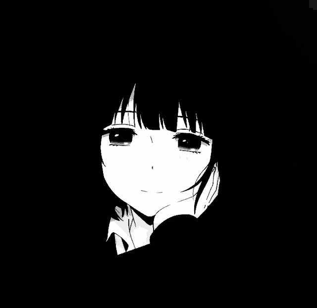 a black and white drawing of an anime girl with her eyes closed
