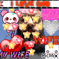 a man with a beard is surrounded by hearts and stars and says i love my wife