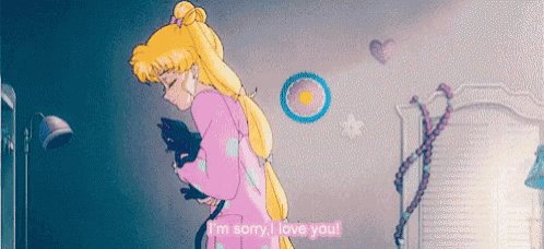 a girl is holding a black cat in her arms and saying `` i 'm sorry , i love you '' .
