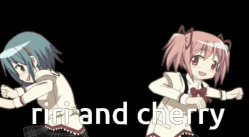 two anime girls are dancing with the words " riri and cherry " on the bottom