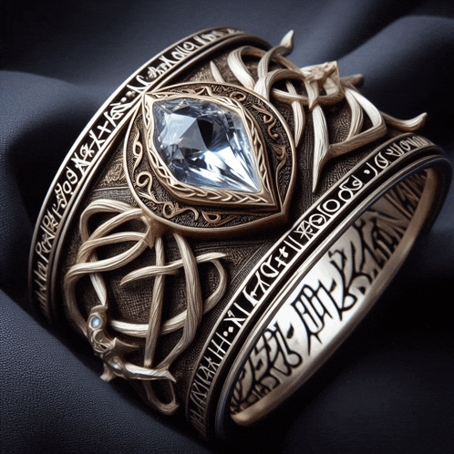 a gold bracelet with a diamond in the center and a foreign language on the side