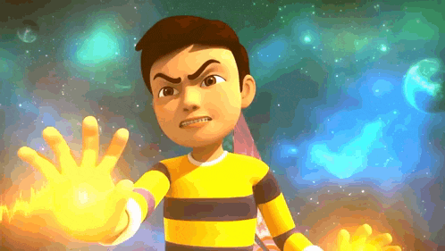 a cartoon boy in a yellow and black striped shirt is holding something in his hands