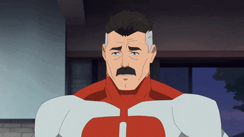 a man with a mustache is wearing a white and red superhero costume with the letter i on his chest