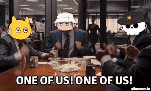 a group of people sitting around a table with one of them saying one of us one of us