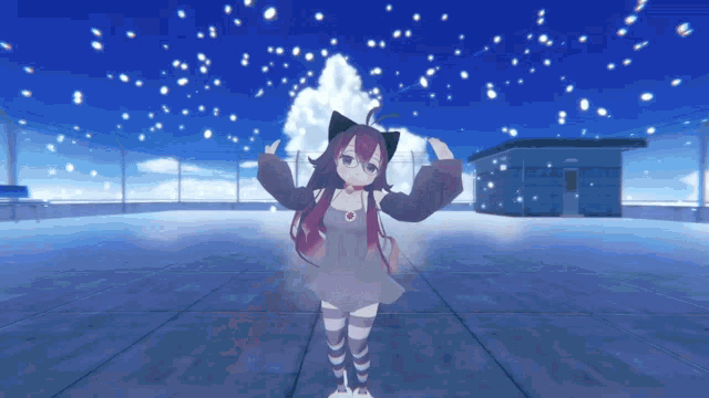 a girl with red hair and black ears is standing on a snowy roof
