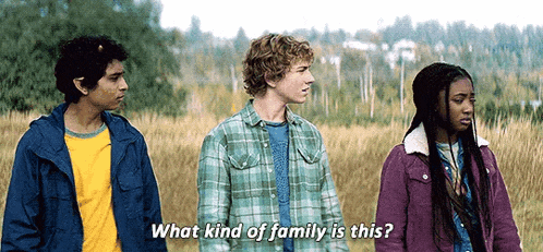 a group of young people are standing in a field talking to each other and one of them is asking what kind of family is this .