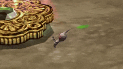 a video game character is flying through the air with a green leaf in its mouth .
