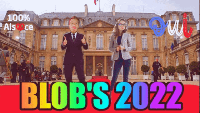 a man and a woman are standing in front of a building with blob 's 2022 written on the bottom