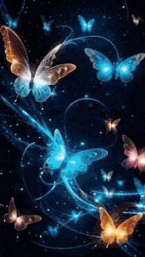 a bunch of colorful butterflies are flying in the dark