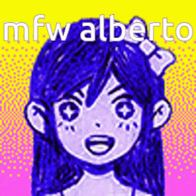 a drawing of a girl with purple hair and a bow in her hair is on a pink and yellow background .