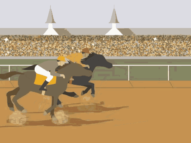 two horses are racing on a dirt track with a crowd in the background