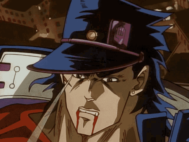 a close up of a man 's face with a purple hat on