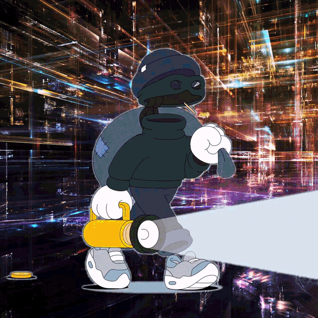 a cartoon character is holding a flashlight and walking