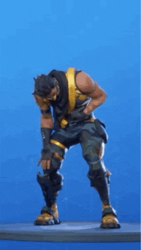 a man in a yellow and black outfit is dancing on a blue background in a video game .