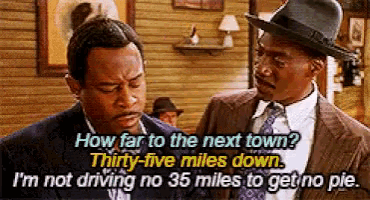 two men in suits and hats are talking about how far to the next town ..