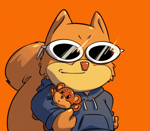 a cartoon squirrel wearing sunglasses and holding a stuffed animal