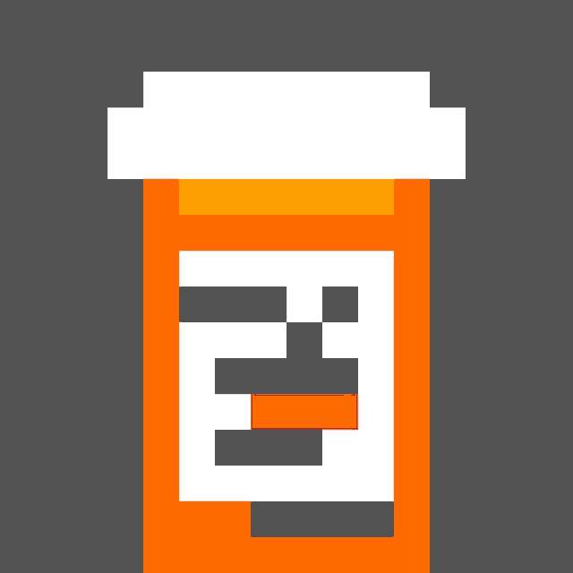 a pixel art illustration of a bottle of pills with a face on it .