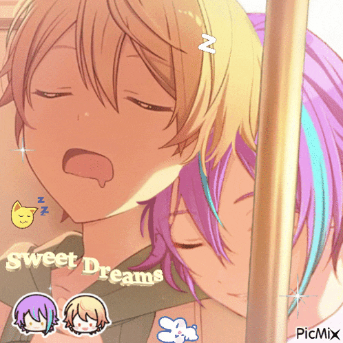 a picture of two anime characters sleeping with the words sweet dreams on the bottom